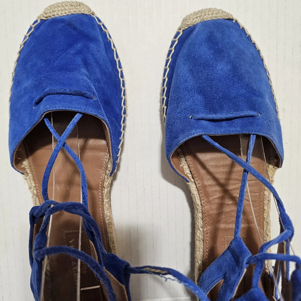 Aquazzura Belgravia Suede Espadrille Flats Mondrian Royal Blue Ankle Wrap sz 6.5